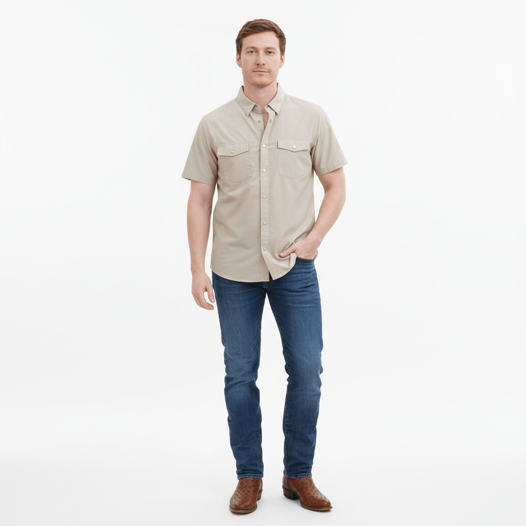 Man wearing a beige short-sleeve shirt and blue jeans on a white background
