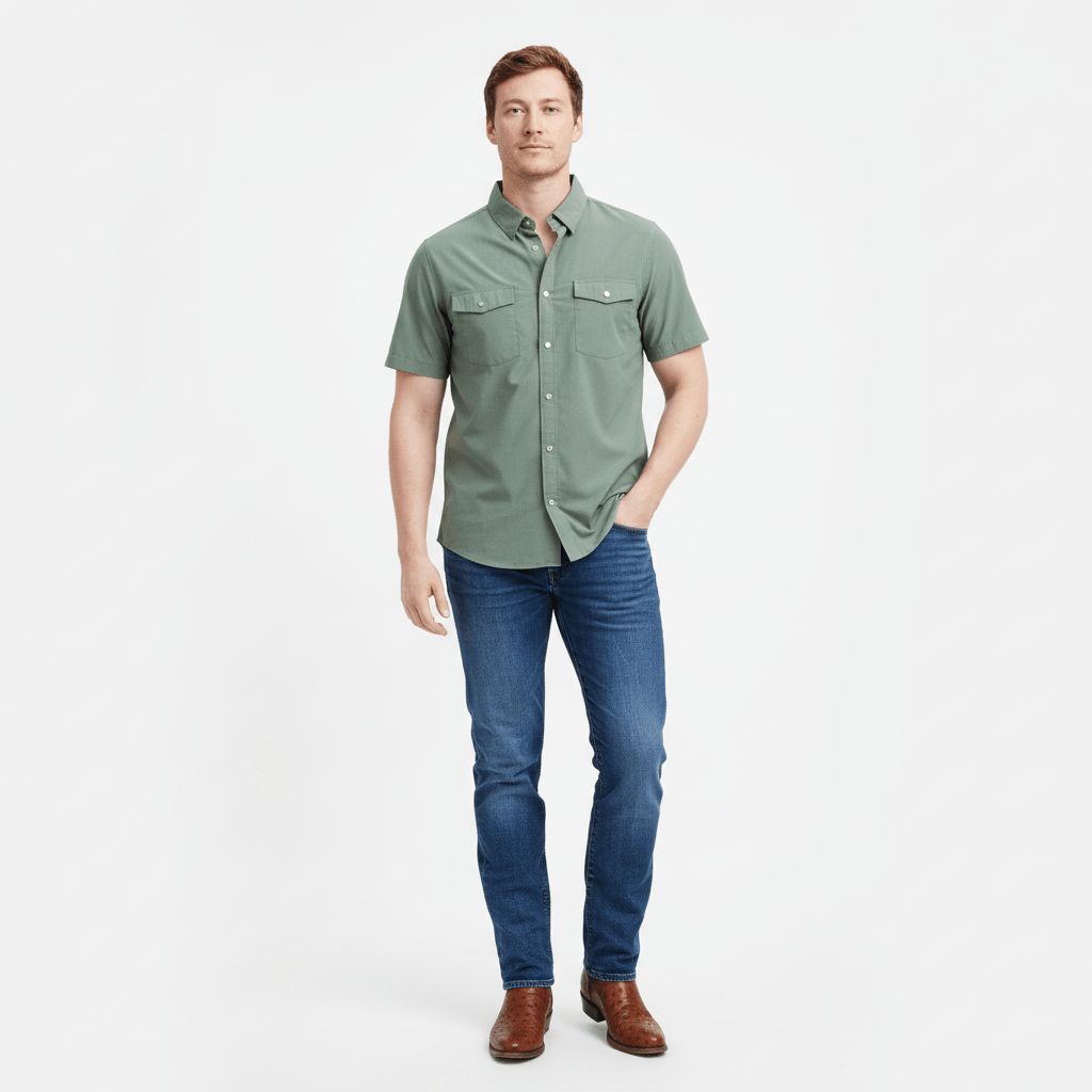 Man wearing a green short-sleeve shirt and blue jeans on a white background