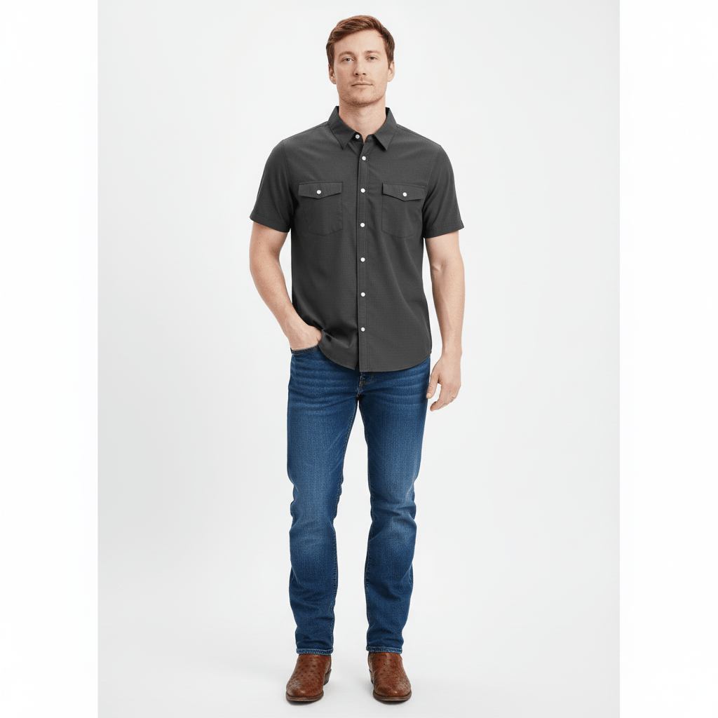 Man wearing a dark gray button-up shirt and blue jeans on a white background